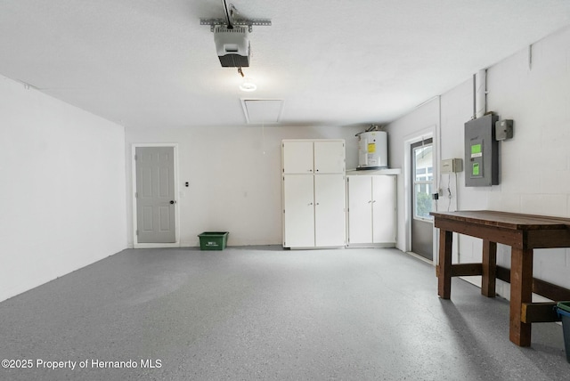 garage with electric panel, water heater, and a garage door opener