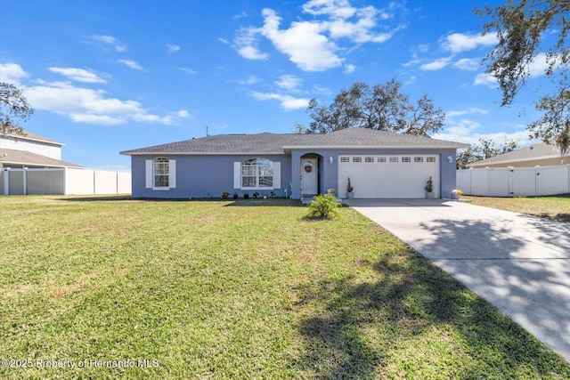 single story home featuring an attached garage, fence, driveway, stucco siding, and a front yard