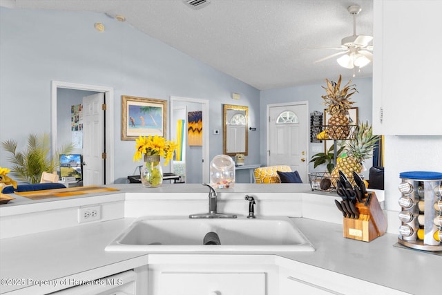 kitchen with vaulted ceiling, white cabinetry, light countertops, and a sink