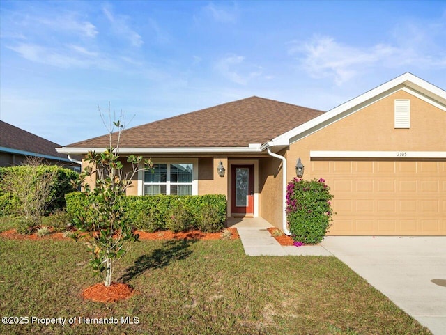 ranch-style home with roof with shingles, stucco siding, an attached garage, a front yard, and driveway