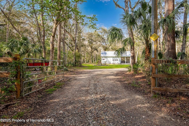 view of street featuring driveway, a gated entry, and a gate