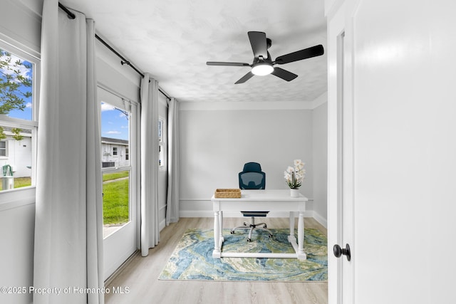 office space featuring a textured ceiling, light wood-type flooring, a ceiling fan, and baseboards