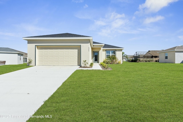 view of front of home with a garage, concrete driveway, a front lawn, and stucco siding