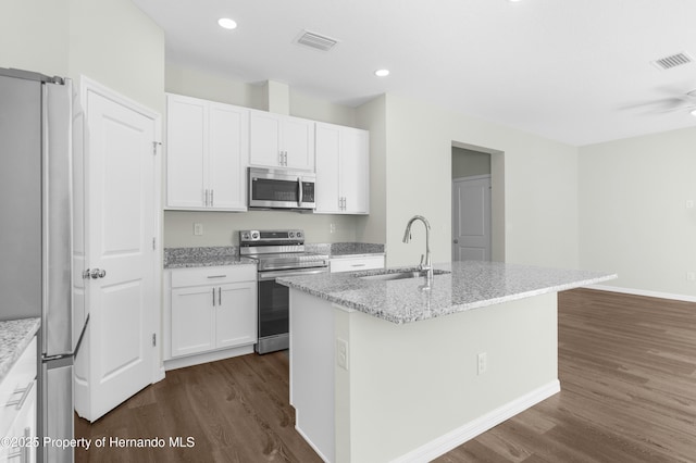 kitchen featuring a center island with sink, visible vents, white cabinets, appliances with stainless steel finishes, and a sink