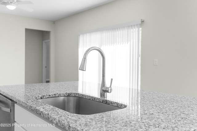 interior details featuring light stone counters, a sink, stainless steel dishwasher, and a ceiling fan