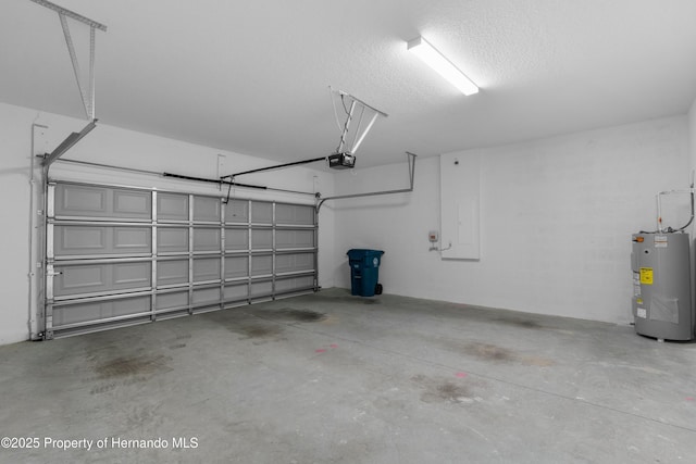 garage with a garage door opener and water heater