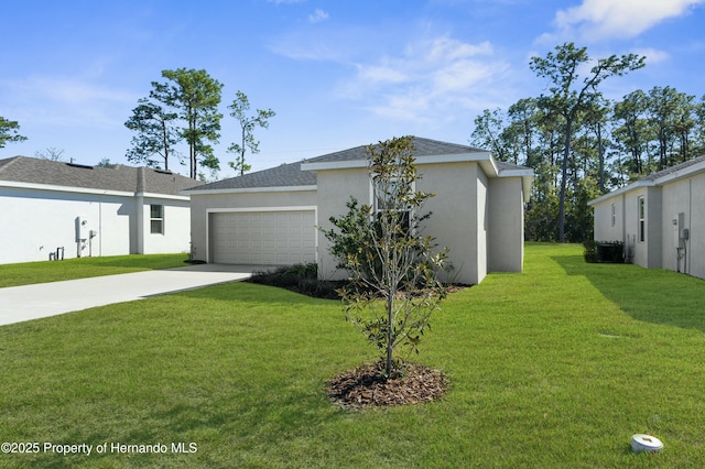 view of property exterior with an attached garage, a lawn, concrete driveway, and stucco siding