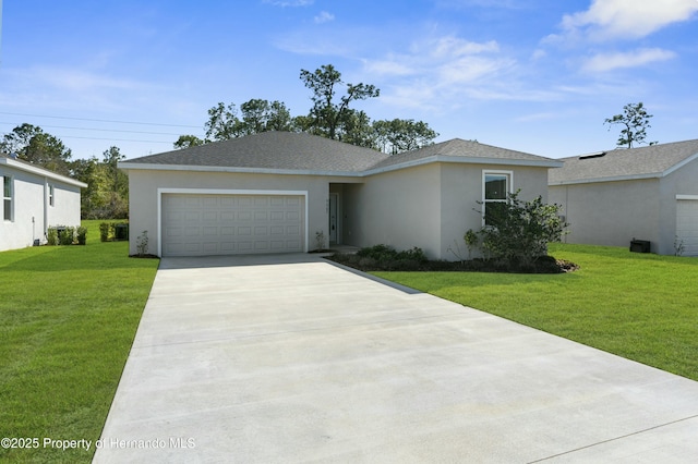 ranch-style house with an attached garage, a shingled roof, driveway, stucco siding, and a front yard