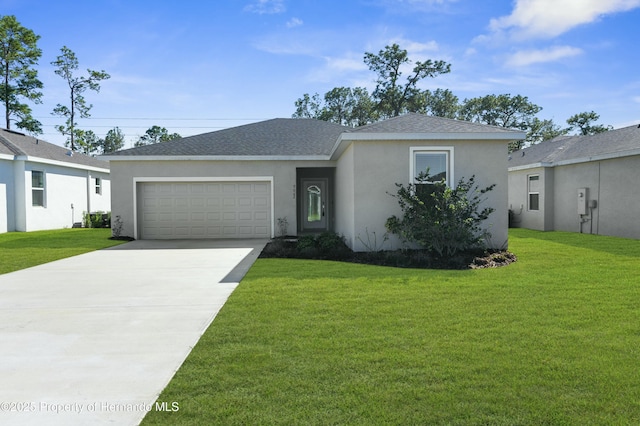 ranch-style home featuring a garage, concrete driveway, roof with shingles, a front yard, and stucco siding