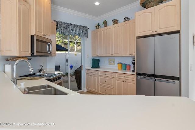 kitchen with light brown cabinets, stainless steel appliances, a sink, and crown molding