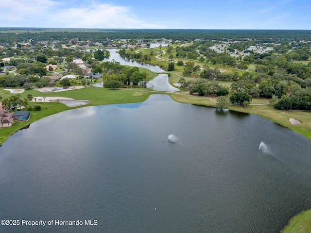 bird's eye view with view of golf course and a water view