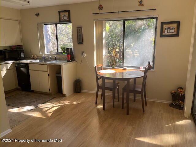 kitchen with a healthy amount of sunlight, a sink, light wood finished floors, and black appliances