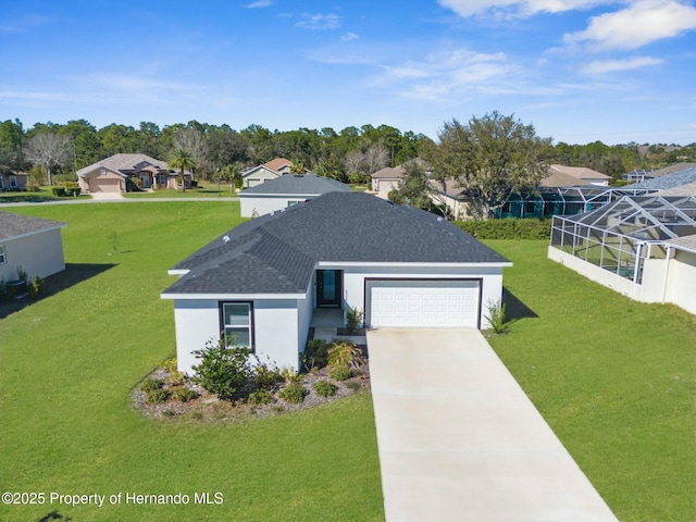 ranch-style home with an attached garage, a lanai, concrete driveway, a residential view, and a front lawn