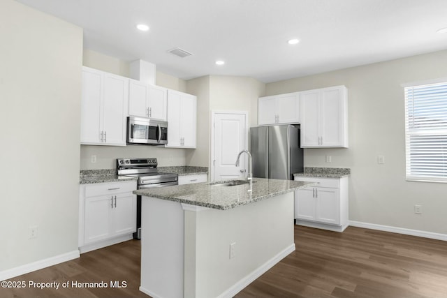 kitchen featuring visible vents, white cabinets, a kitchen island with sink, stainless steel appliances, and a sink