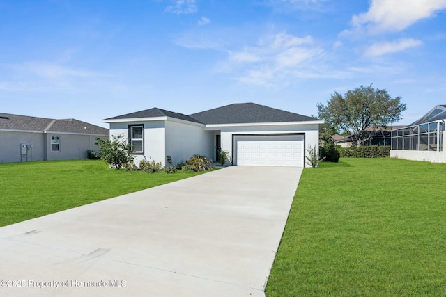 view of front of home featuring a front yard, concrete driveway, an attached garage, and stucco siding