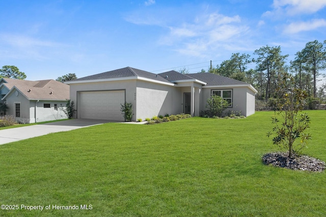 view of front of house featuring an attached garage, concrete driveway, roof with shingles, stucco siding, and a front yard