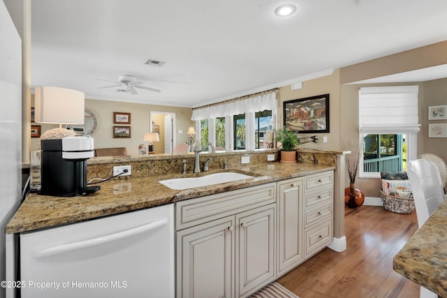 kitchen featuring a sink, a healthy amount of sunlight, open floor plan, light stone countertops, and dishwasher