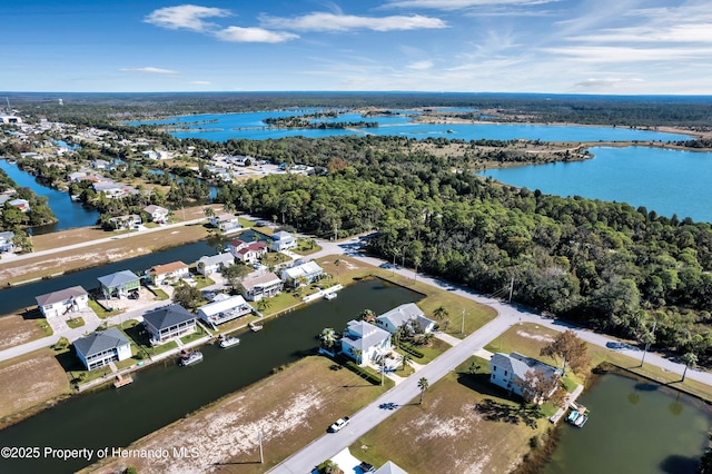 drone / aerial view featuring a water view and a residential view