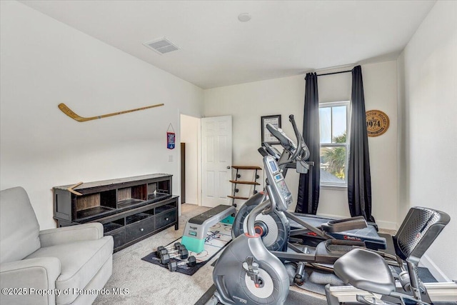 exercise room featuring carpet flooring, baseboards, and visible vents