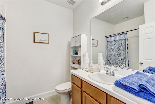 bathroom featuring tile patterned floors, visible vents, toilet, baseboards, and vanity