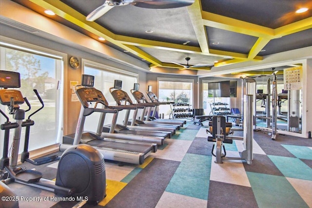 workout area with tile patterned floors, visible vents, and ceiling fan