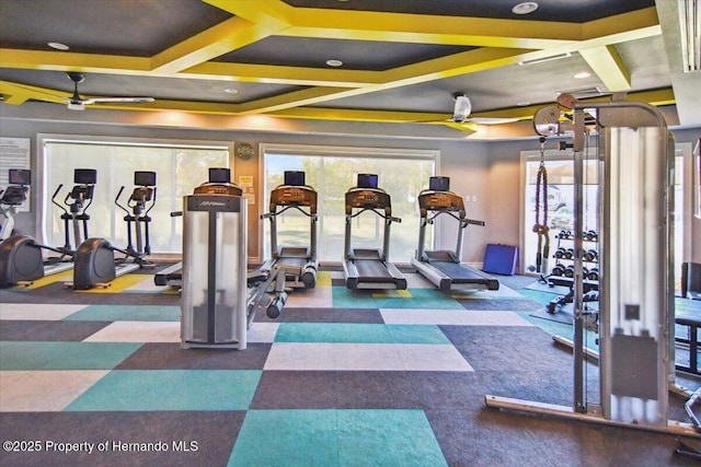 exercise room with tile patterned floors, visible vents, coffered ceiling, and a ceiling fan