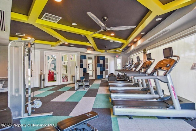 exercise room with recessed lighting, french doors, coffered ceiling, and visible vents