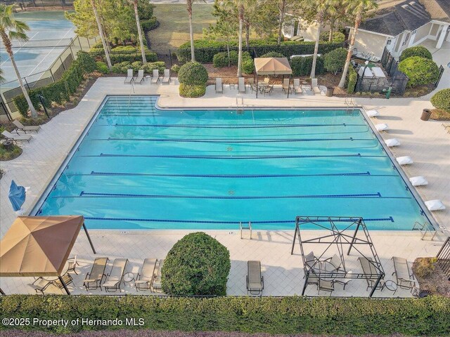 community pool featuring a patio, fence, and a diving board