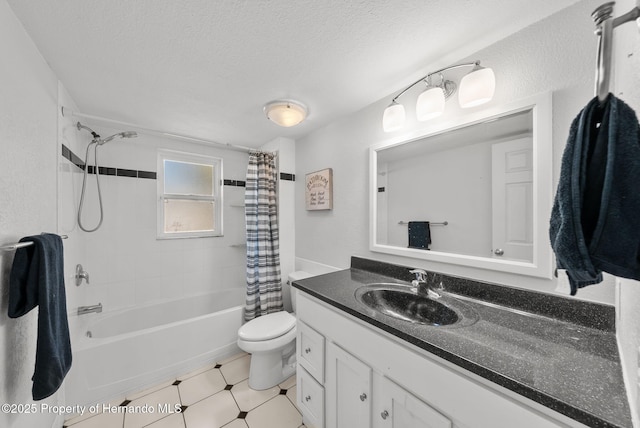 full bathroom with toilet, shower / bath combo, a textured ceiling, and vanity