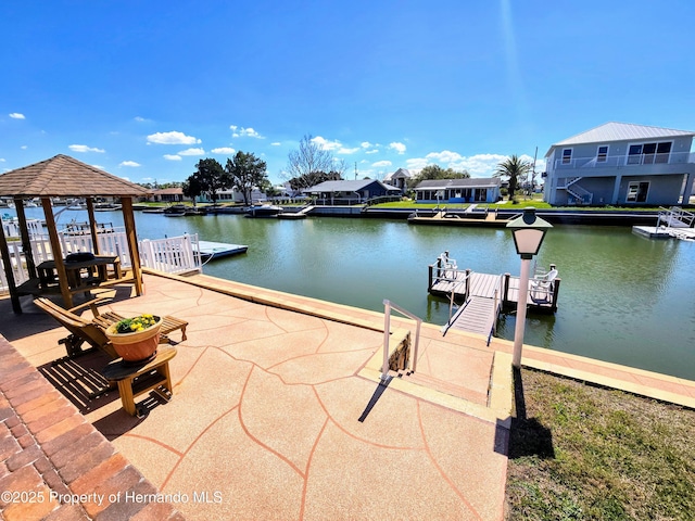 view of dock featuring a residential view and a water view