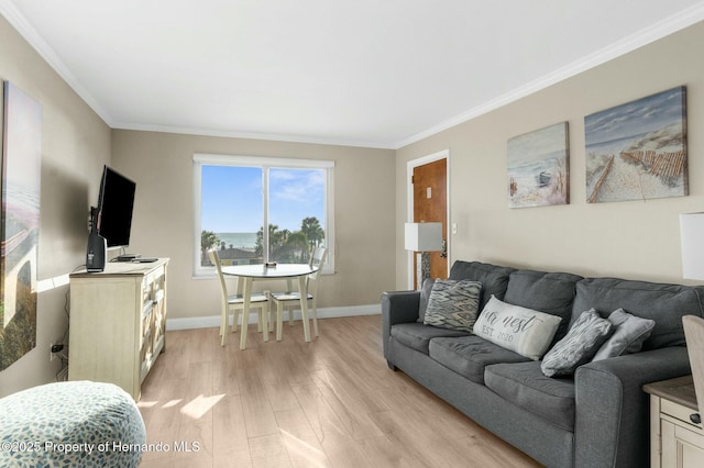 living room featuring light wood-style floors, baseboards, and crown molding