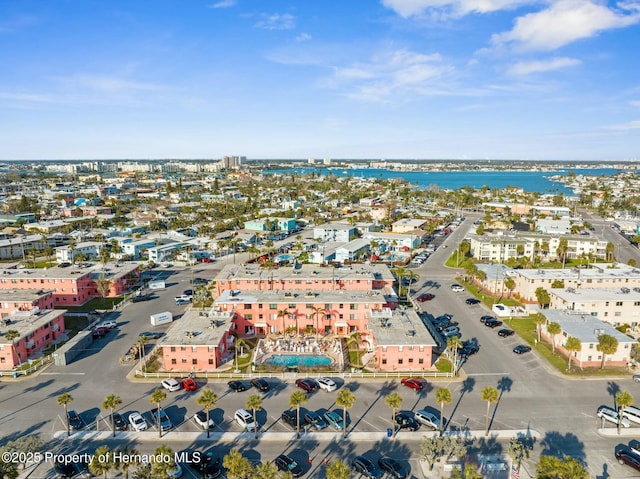 bird's eye view featuring a view of city and a water view