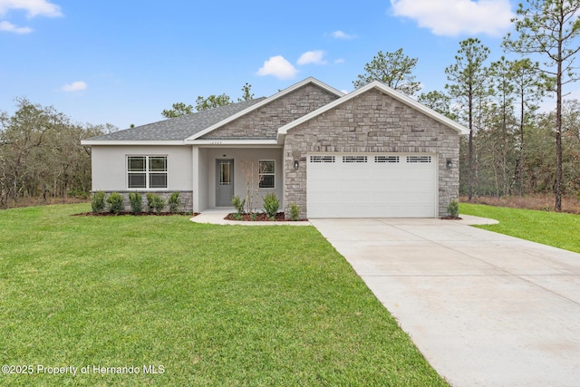 view of front of property with a front yard, stucco siding, a garage, stone siding, and driveway