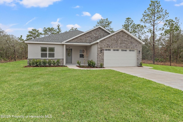 single story home featuring concrete driveway, an attached garage, a front lawn, and stone siding