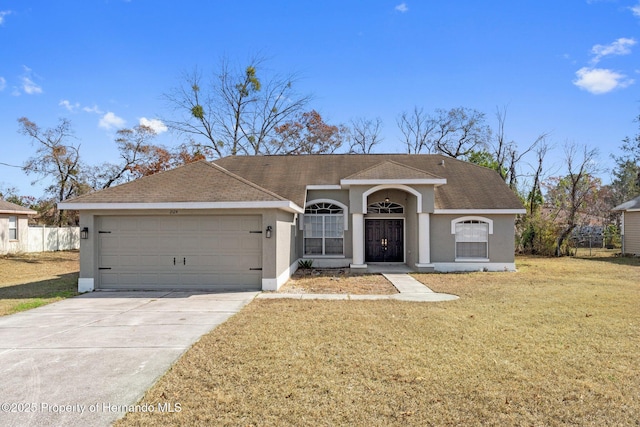 single story home featuring a garage, concrete driveway, roof with shingles, a front lawn, and stucco siding