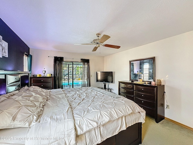 bedroom with light colored carpet, a ceiling fan, a textured ceiling, access to outside, and baseboards