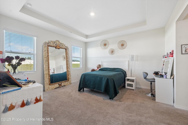 bedroom featuring baseboards, a raised ceiling, and carpet flooring