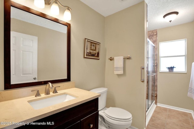 full bathroom with tile patterned flooring, a shower stall, baseboards, toilet, and vanity