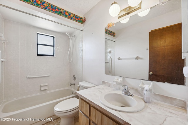 bathroom with toilet, shower / bath combination, a textured ceiling, and vanity