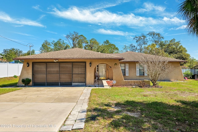 single story home with driveway, a garage, fence, a front yard, and stucco siding