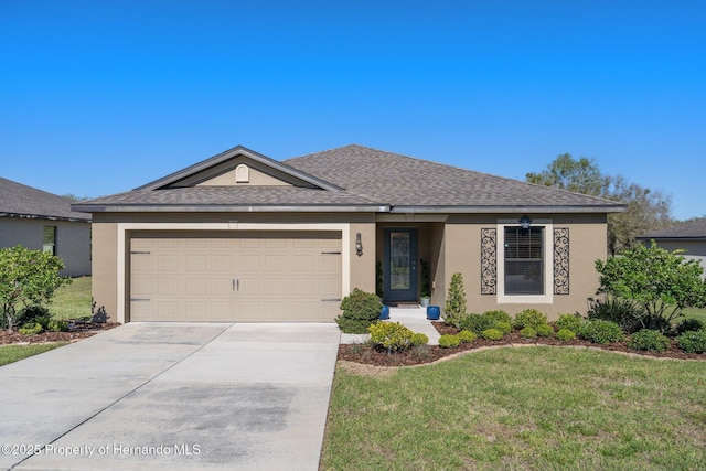 ranch-style home featuring driveway, a garage, a front yard, and stucco siding