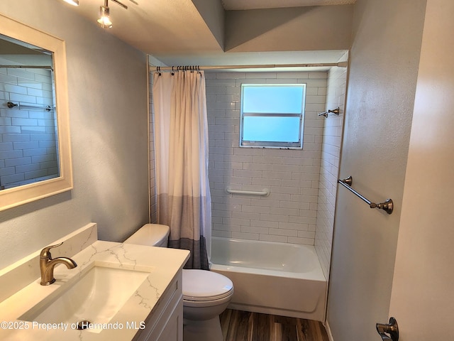7106 Green Abbey Way, Spring Hill, FL 34606 - full bathroom with toilet, wood finished floors, vanity, and shower / bathtub combination with curtain
