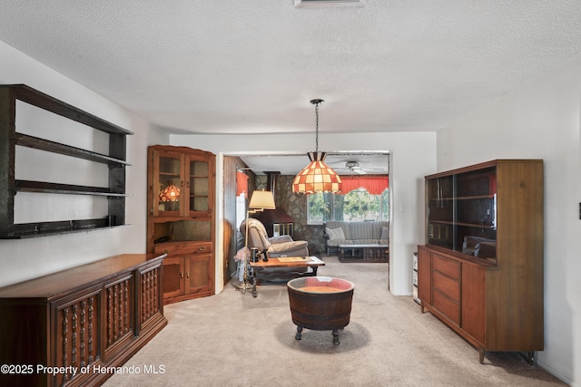 living room with light carpet and a textured ceiling