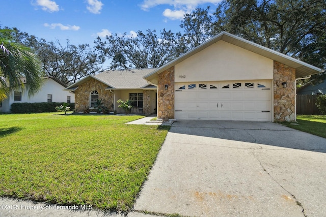 ranch-style home featuring a garage, stone siding, a front lawn, and stucco siding