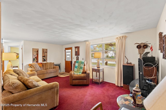 living room with dark colored carpet