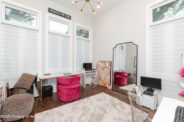 office space featuring a notable chandelier and wood finished floors