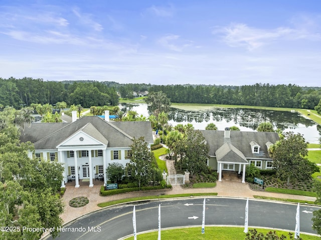 drone / aerial view featuring a water view