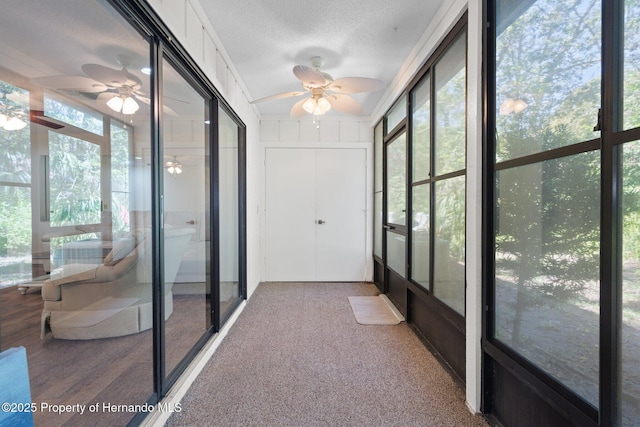 sunroom / solarium featuring ceiling fan