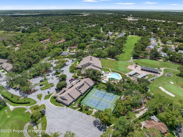 bird's eye view with view of golf course