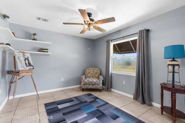 13415 Ester Dr, Brooksville, FL 34613 - sitting room featuring baseboards, a ceiling fan, visible vents, and light tile patterned floors
